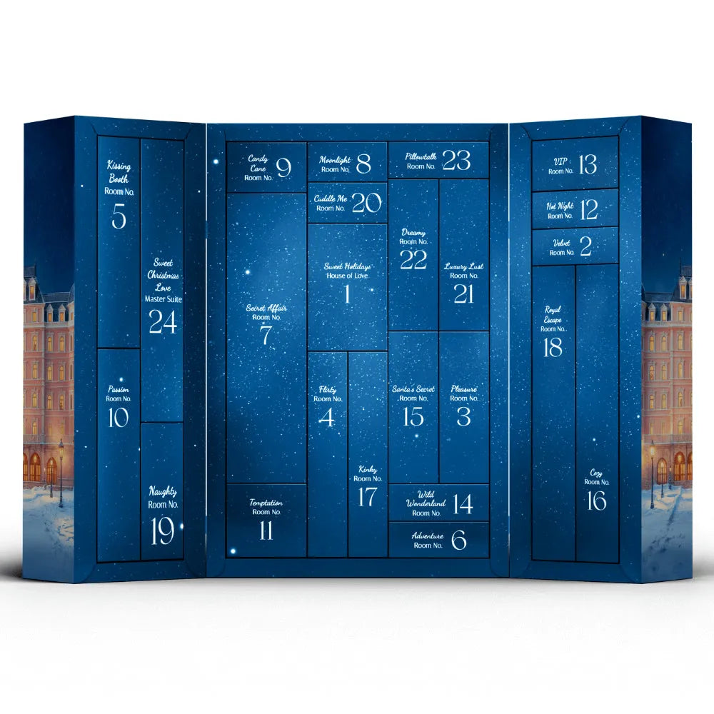 Calendrier de l'Avent Coquin Prestige 2025, bleu nuit, 24 cases surprises sensuelles, design raffiné et luxueux.