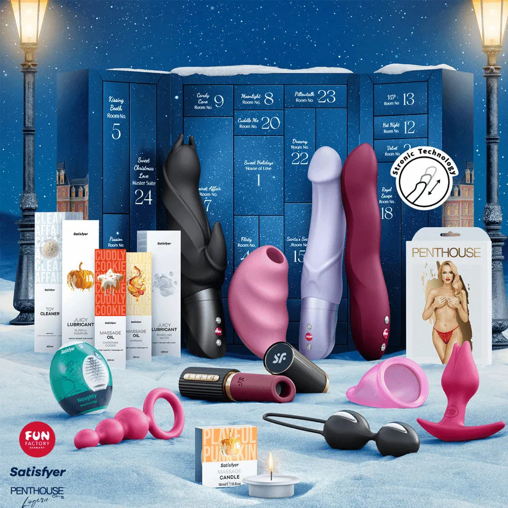 Calendrier de l'Avent Coquin 2025 avec 24 surprises sensuelles, jouets intimes et accessoires érotiques sur fond de neige.