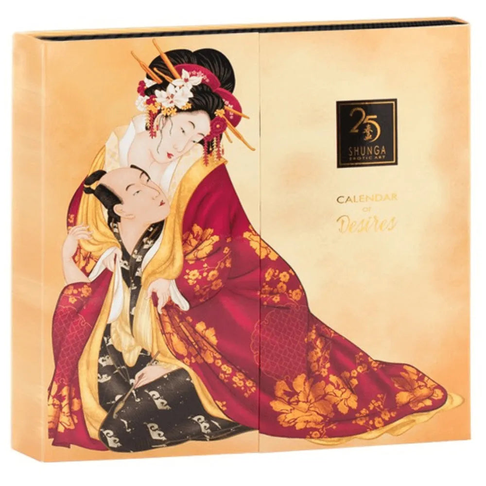 Calendrier de l'avent Shunga 25 ans, coffret or et pourpre, design élégant, produits bien-être intime et érotiques.