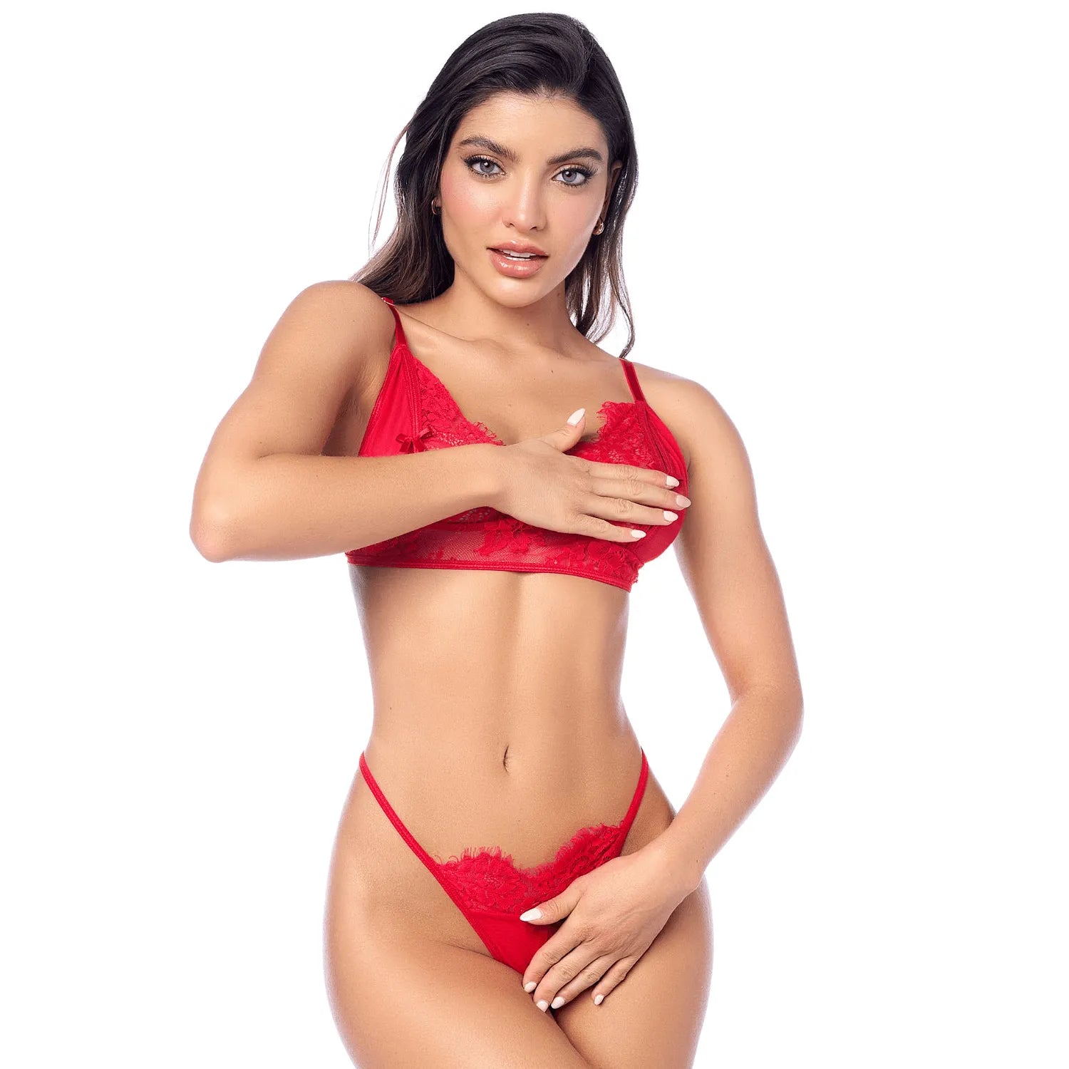 Ensemble lingerie rouge Mapalé en dentelle, soutien-gorge triangle, culotte taille haute, porte-jarretelles, bretelles aju...