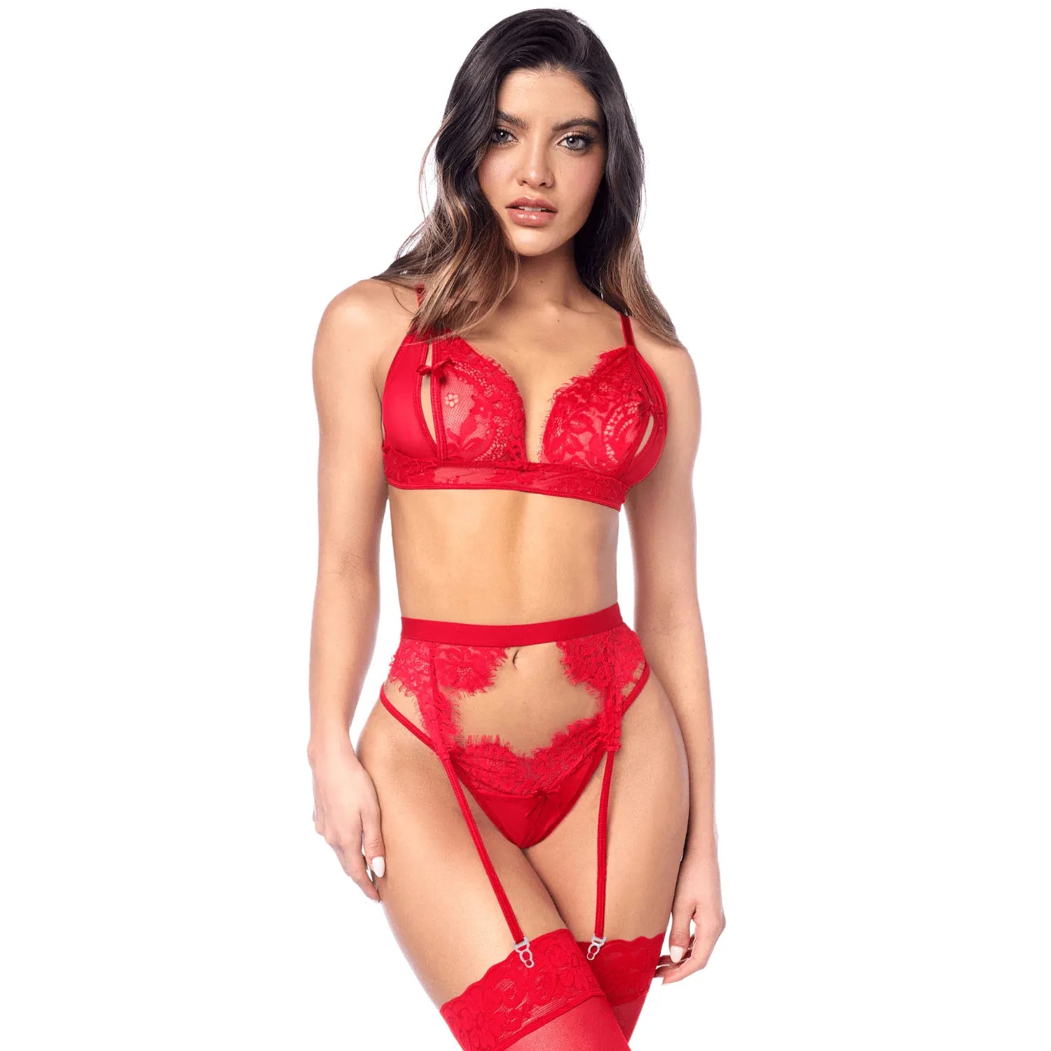 Ensemble sexy trois pièces dentelle rouge Mapalé soutien gorge bretelles réglables culotte taille haute ouvertures latérales porte jarretelles