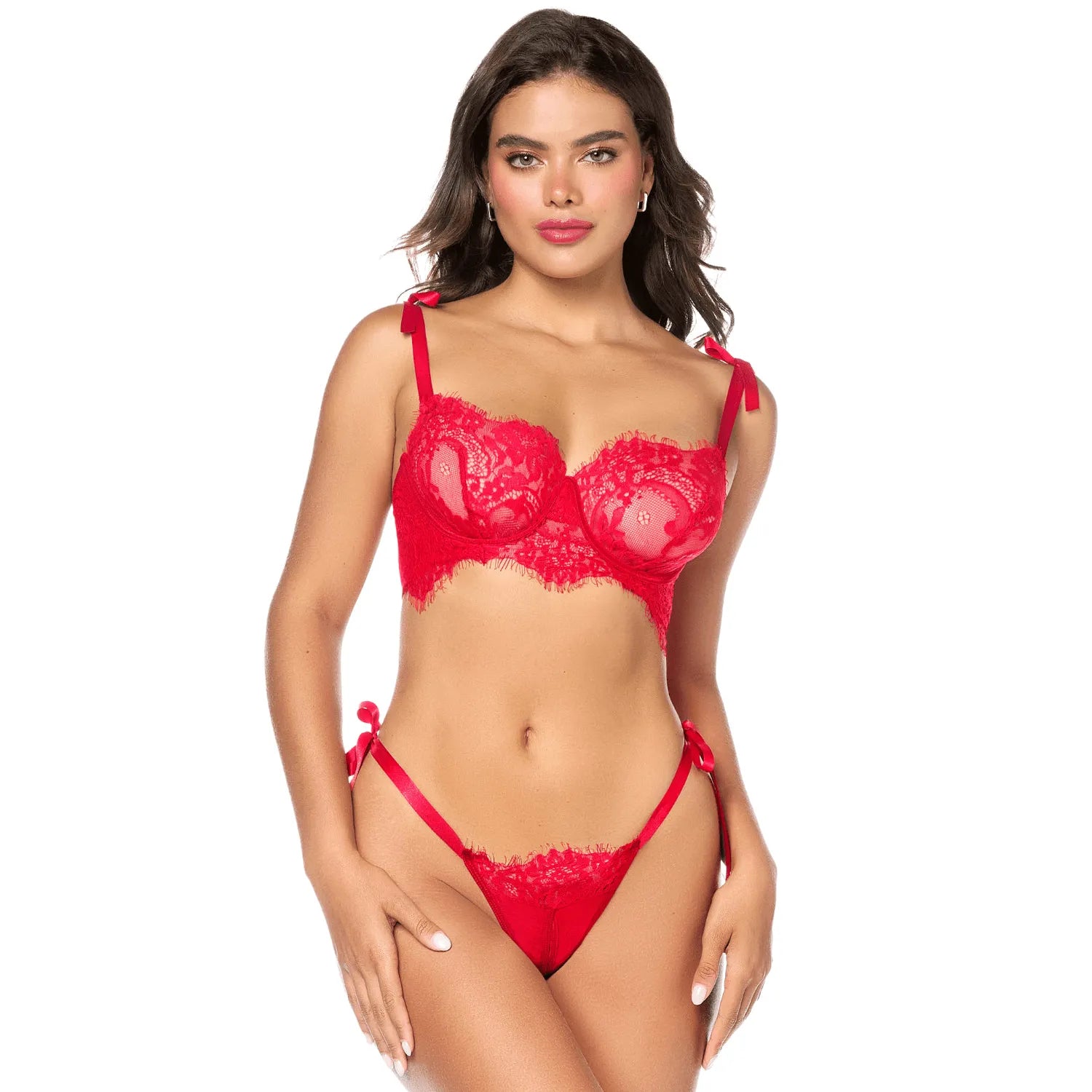 Ensemble sexy 2 pièces en dentelle Mapalé - Soutien-gorge balconnet et string à nouer couleur rouge vif - lingerie fine pour femme - séduction intime