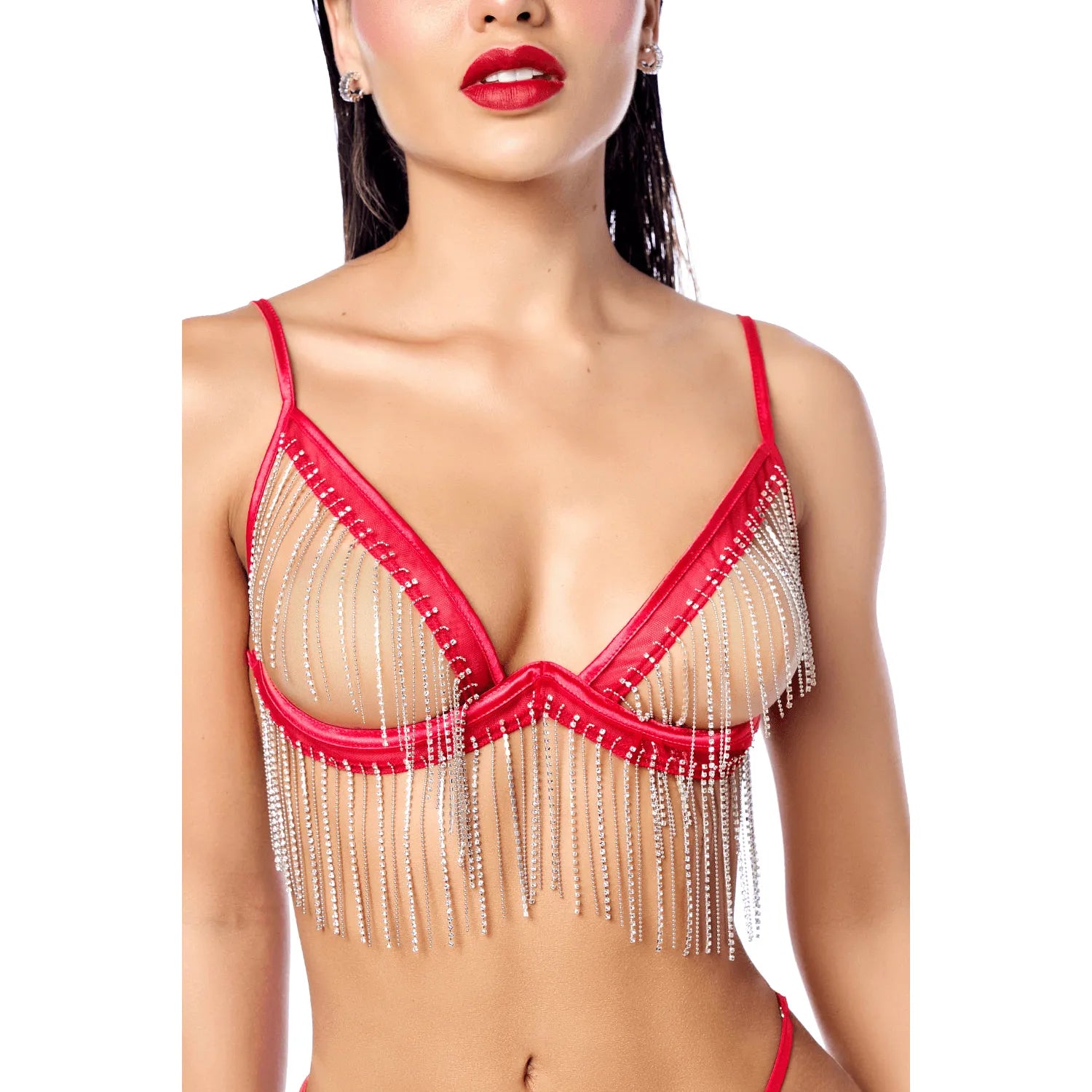 Ensemble rouge deux pièces Mapalé, franges strass scintillants, bretelles réglables, dentelle transparente.