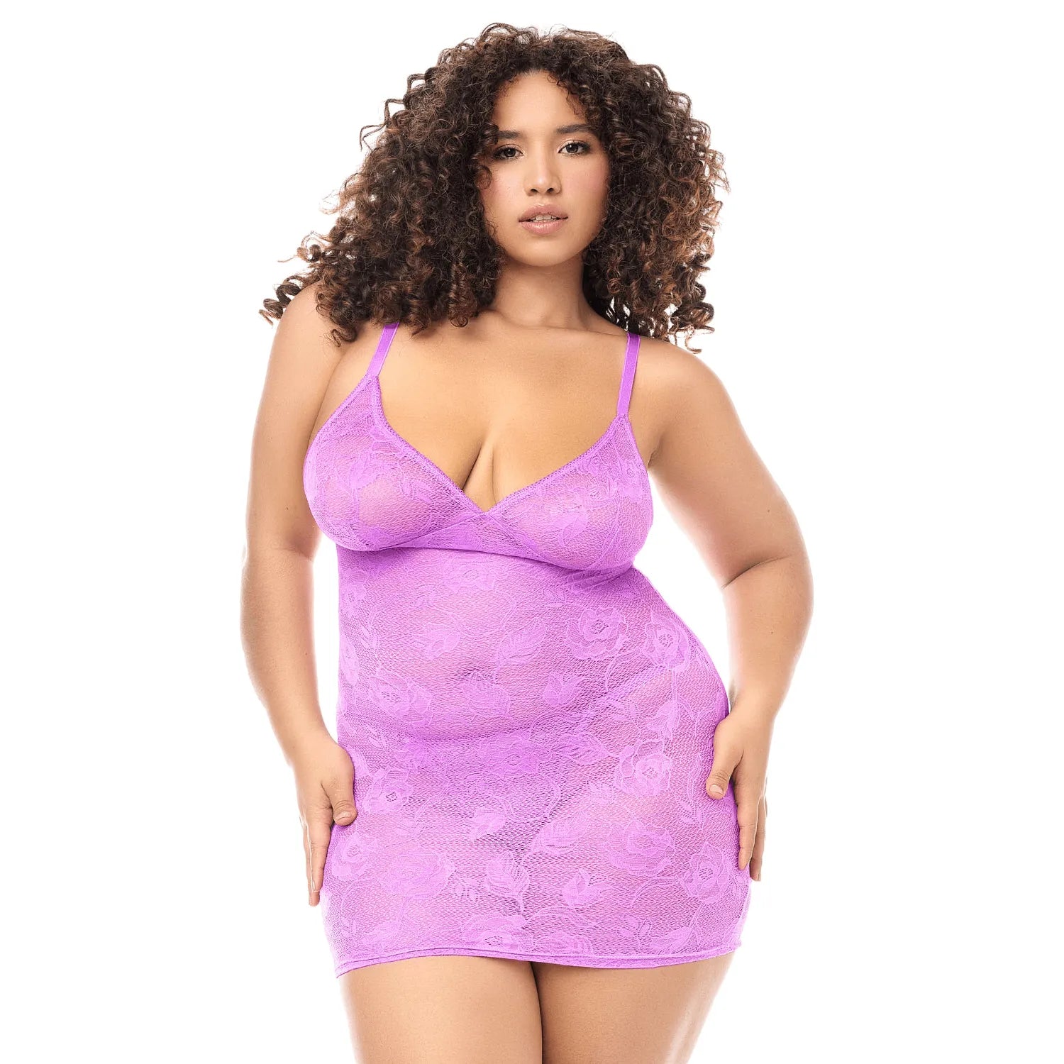 Babydoll grande taille sexy dentelle douce extensible violet transparente motifs floraux bretelles ajustables maintien string assorti mi cuisse