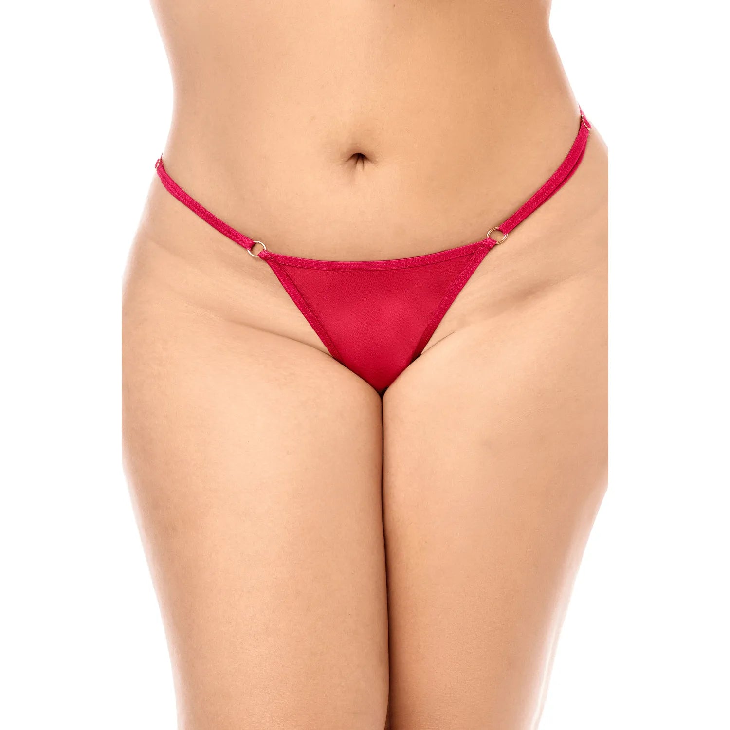 String rouge assorti en dentelle transparente, taille haute, mettant en valeur les courbes féminines avec élégance.