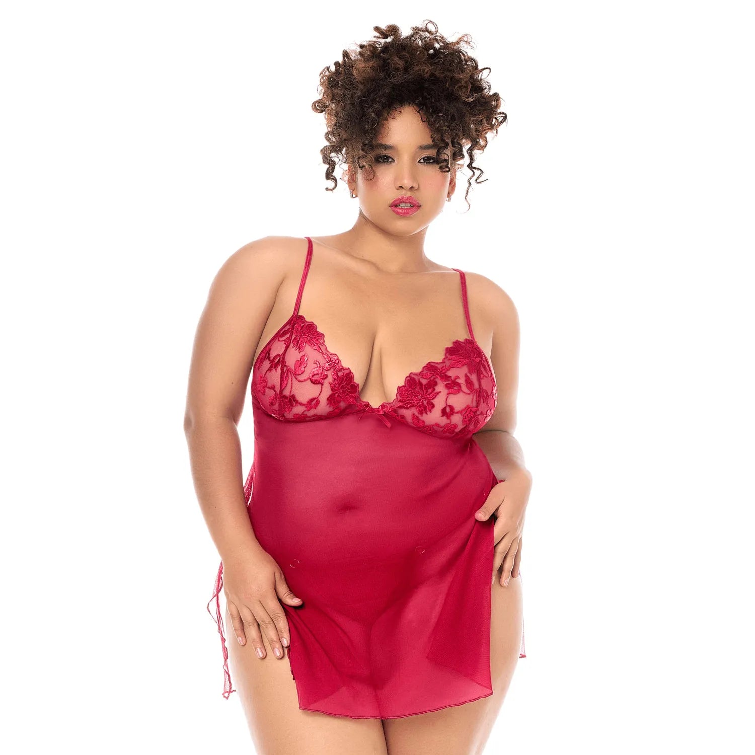 Babydoll sexy grande taille en résille transparente brodée string assorti Mapalé romantique occasion spéciale