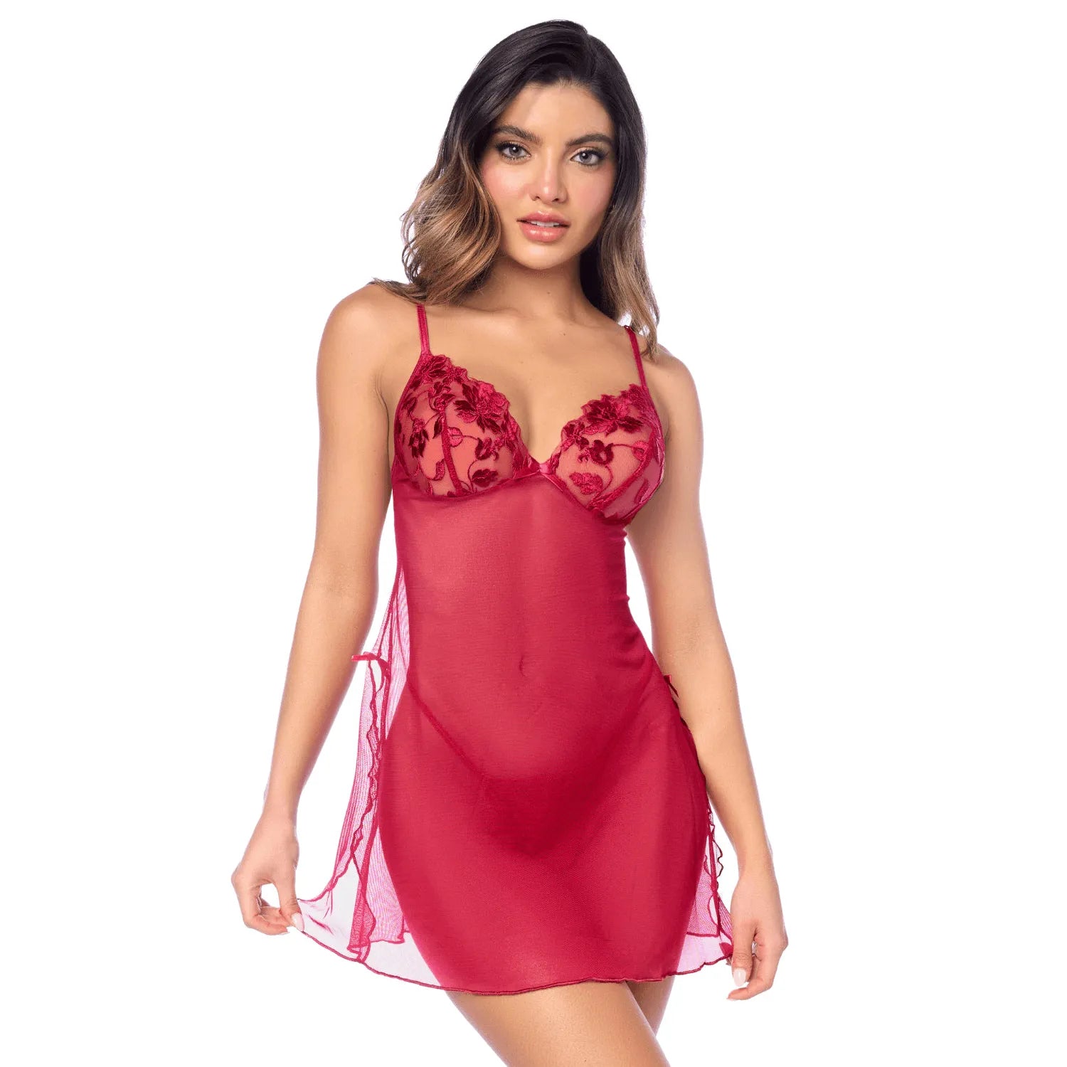 Babydoll sexy résille transparente brodée string Mapalé MAL7620RED