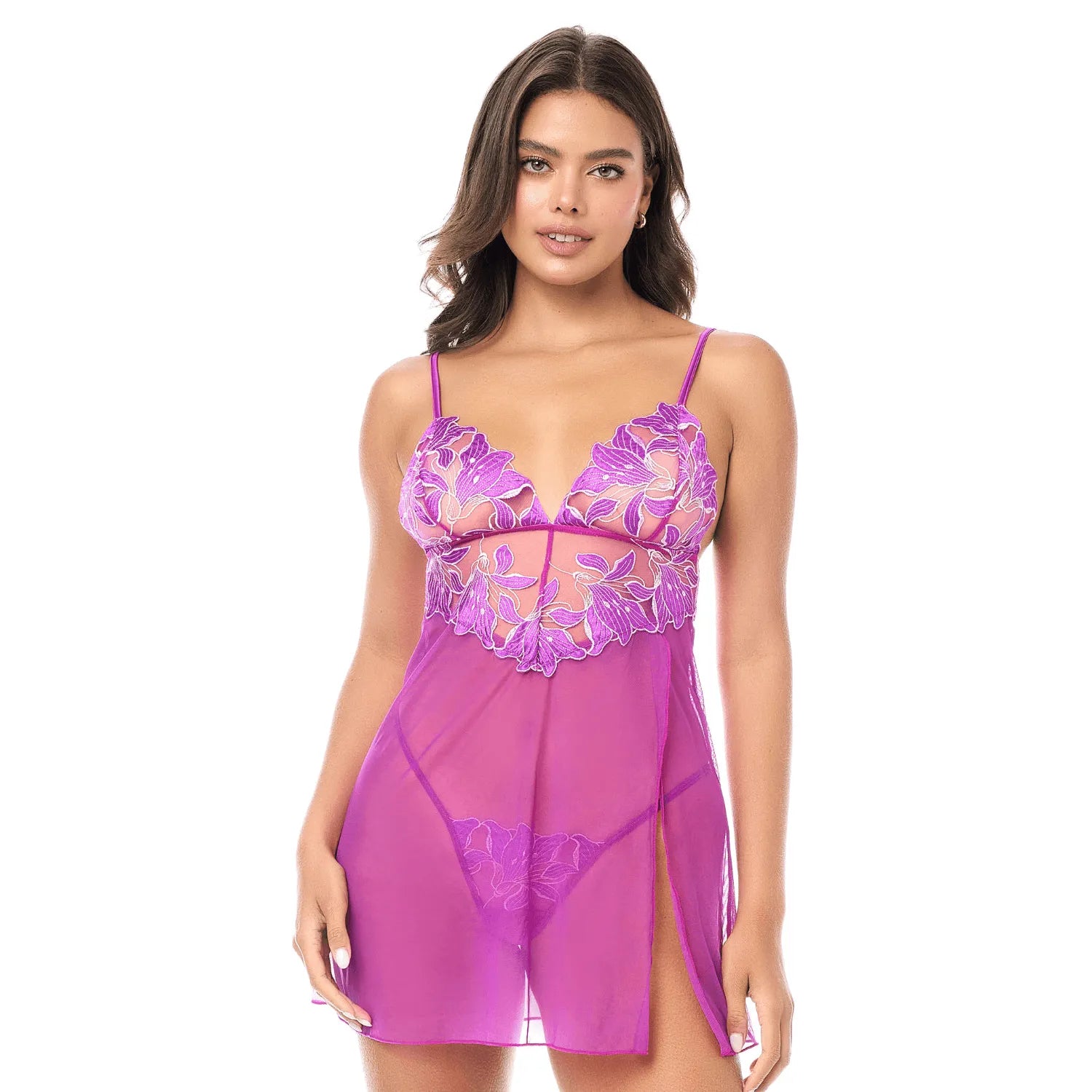 Babydoll Sexy Résille Transparente Broderie Florale Violet Rose String Assorti Mapalé Tissu Léger Bretelles Ajustables Évasé Élégant Raffiné Séduisant Confortable