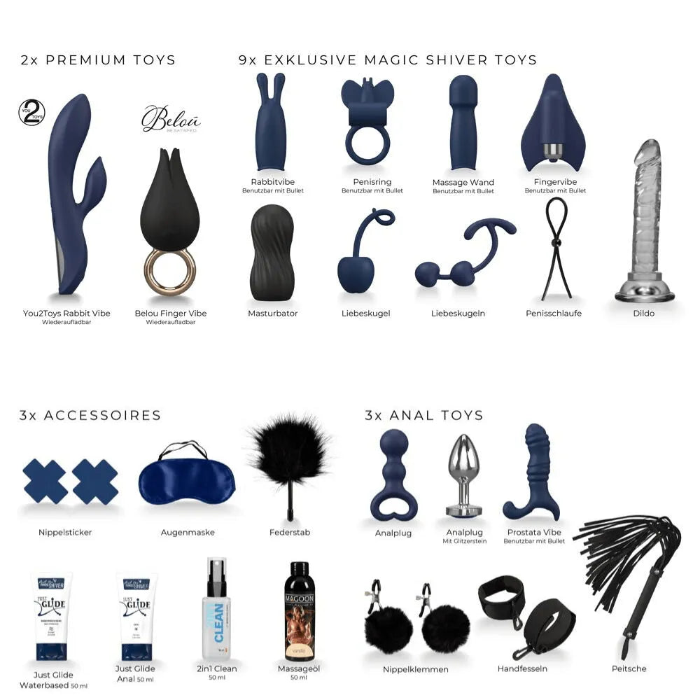 Calendrier de l'Avent Sensuel avec sextoys bleus et noirs, huiles de massage, accessoires érotiques, design élégant.