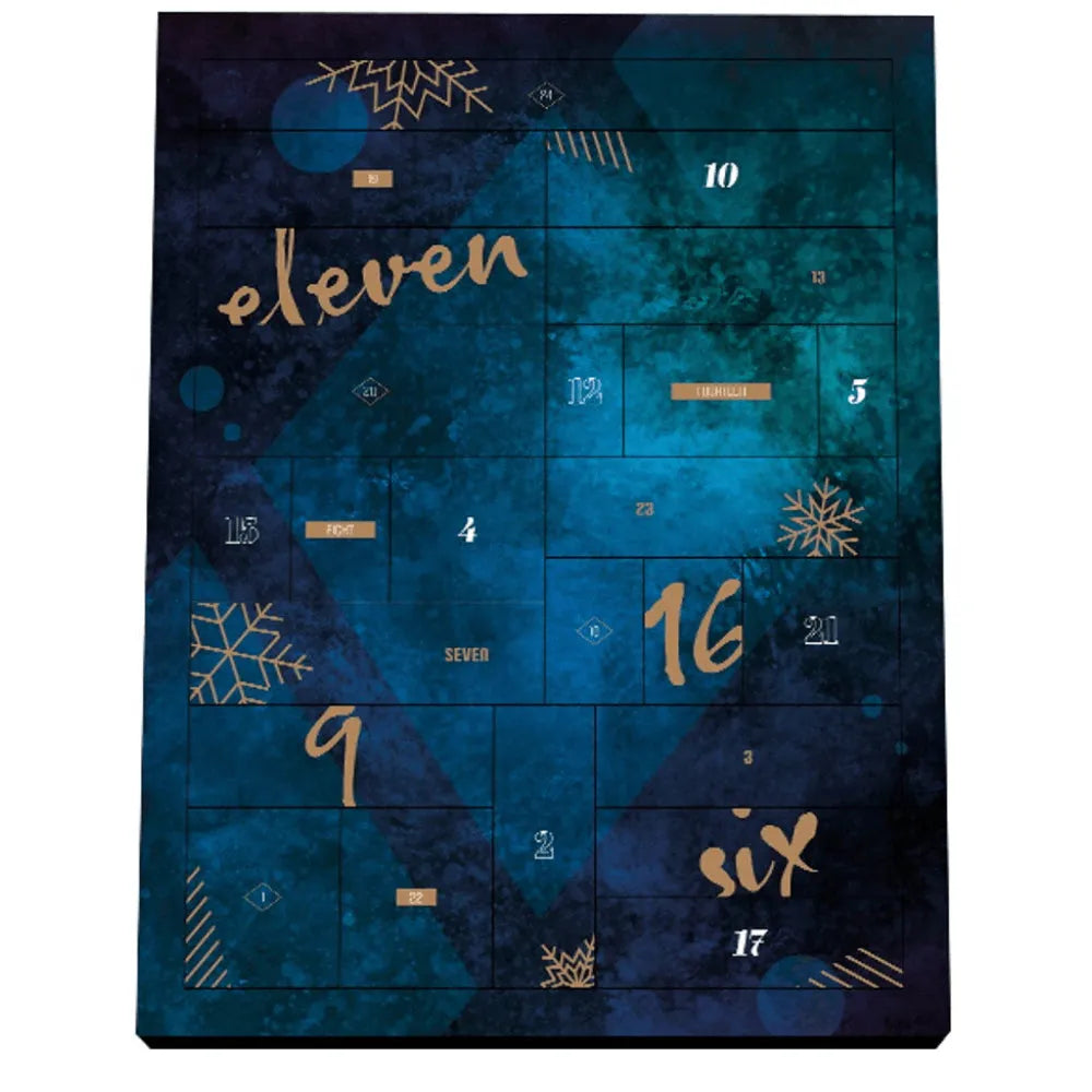 Calendrier de l'Avent Sensuel bleu et or, 24 cases numérotées, design élégant pour surprises érotiques de luxe.