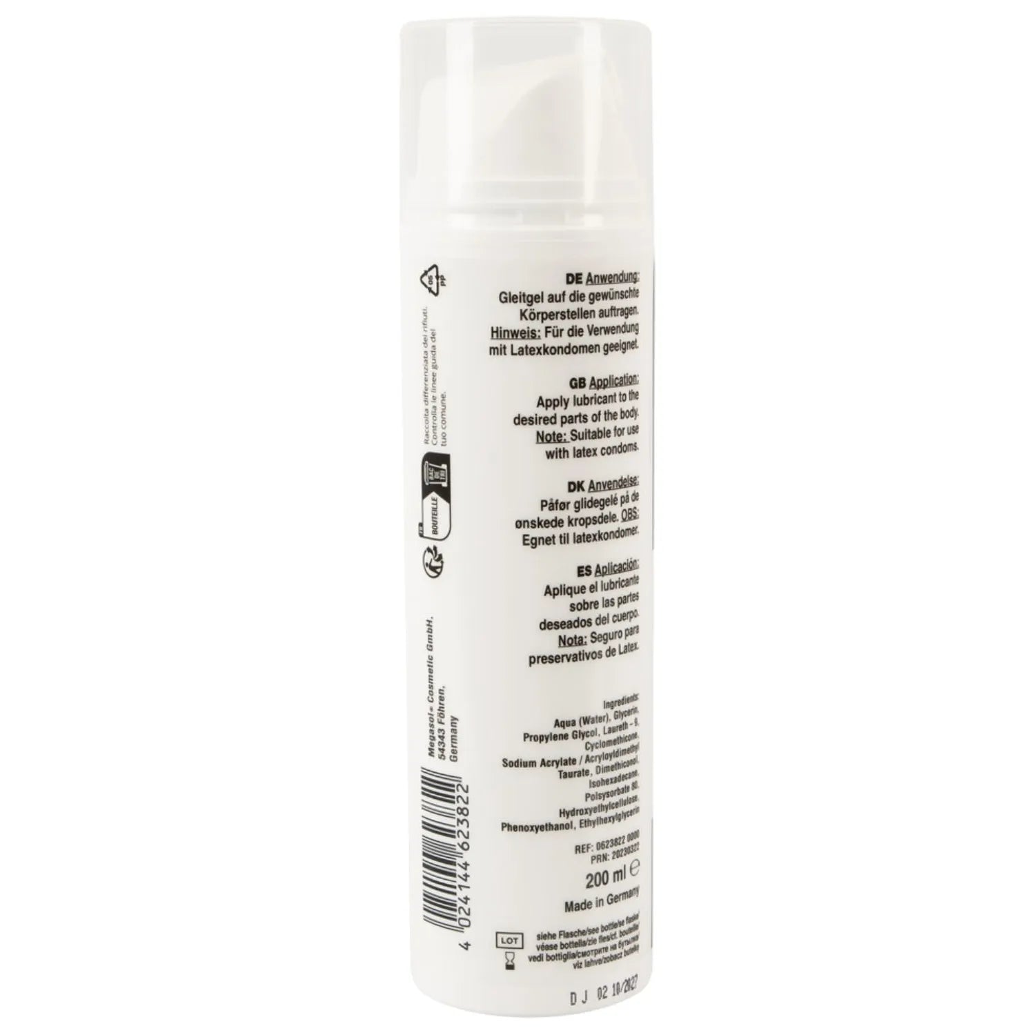 Gel lubrifiant fisting 200 ml, bouteille blanche moderne, texte multilingue, base eau et silicone, usage intime.