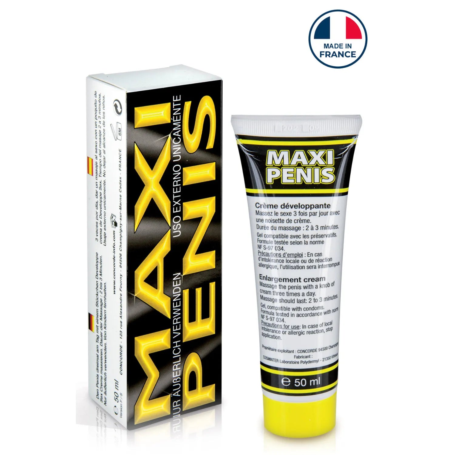 Crème développante homme 50 ml, tube blanc et jaune, texture non grasse, confort intime, fabriqué en France.