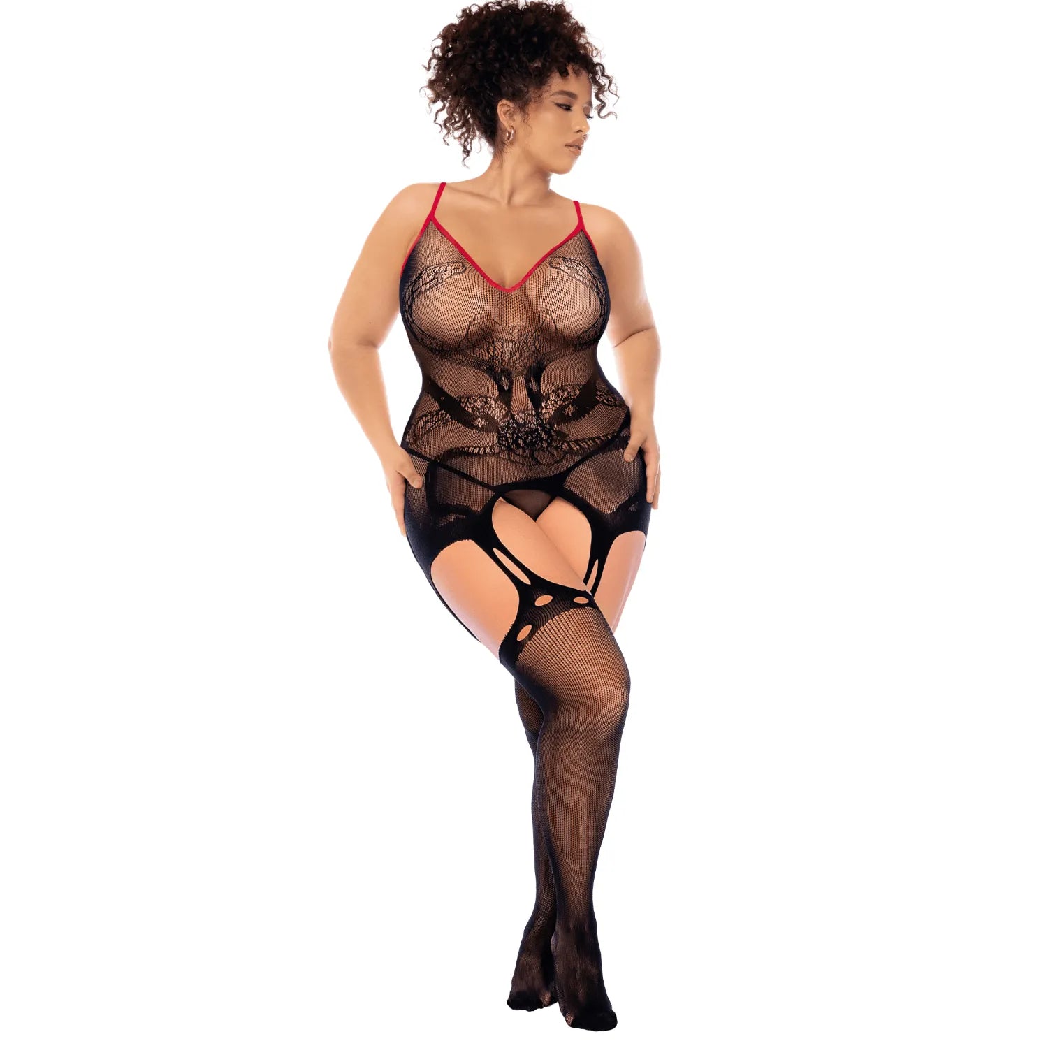 Combinaison grande taille résille noire serpent rose élastiques rouges élégante Mapalé