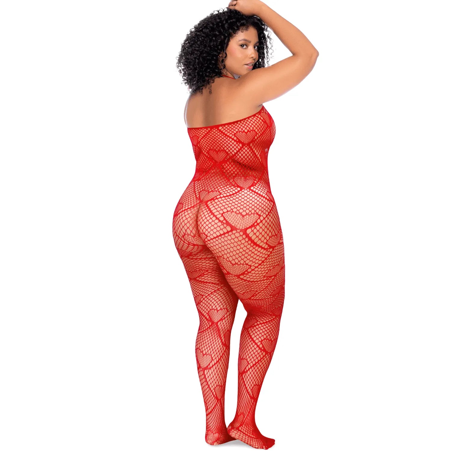Bodystocking rouge grande taille résille cœur strass ouvert, élégant et sensuel, mettant en valeur les courbes féminines.