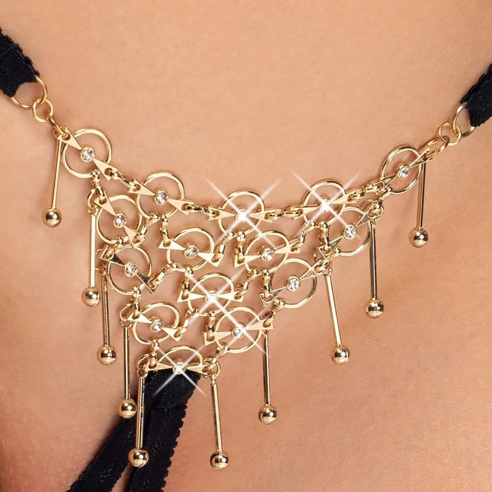 String bijou ouvert noir bandes réglables détails dorés glamour séduisant