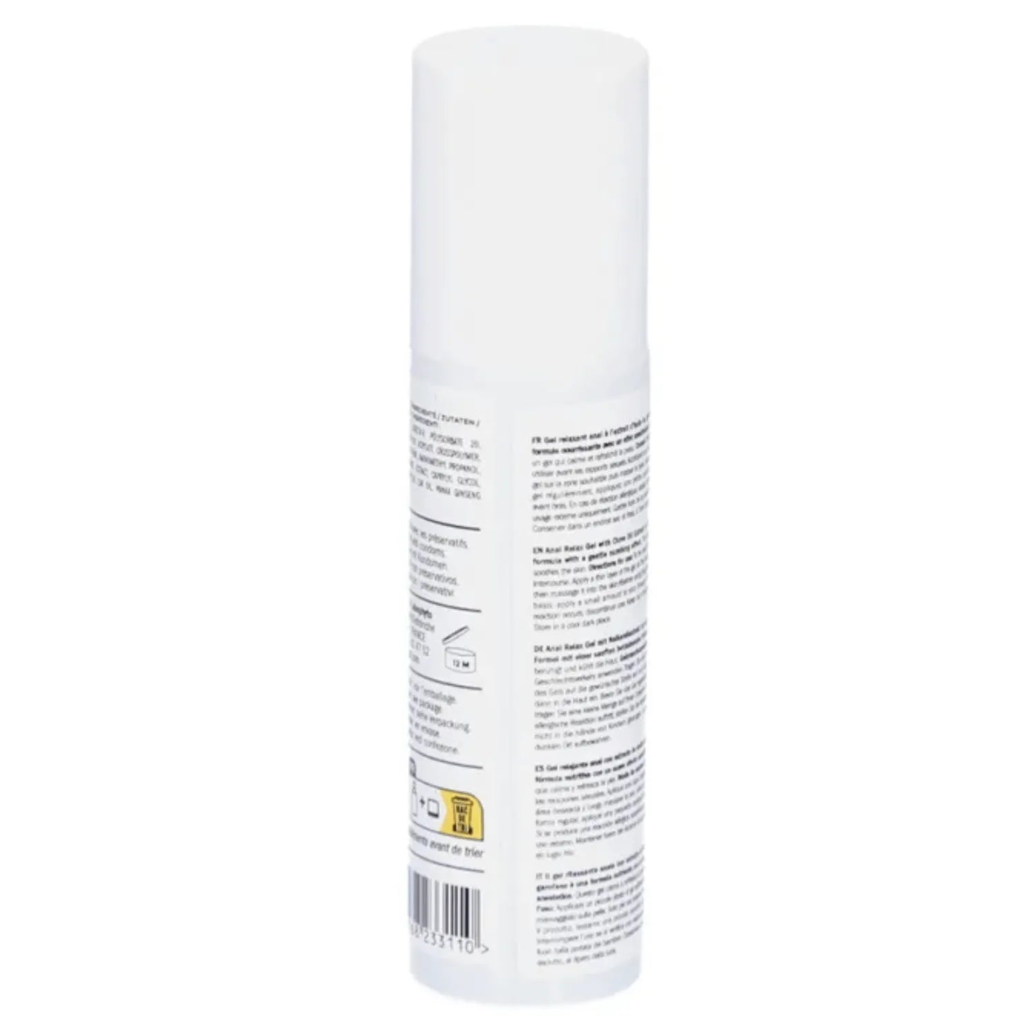 Flacon blanc de gel relaxant intime 60 ml, texte descriptif noir, usage externe, détente et hydratation des muqueuses.