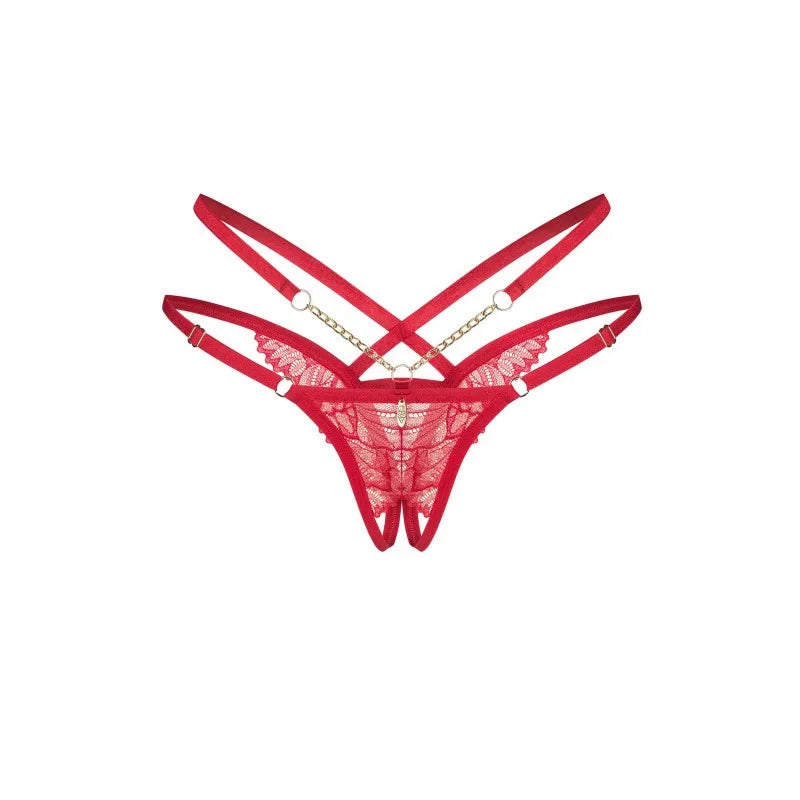 String ouvert rouge dentelle motif complexe chaînes dorées lanières réglables