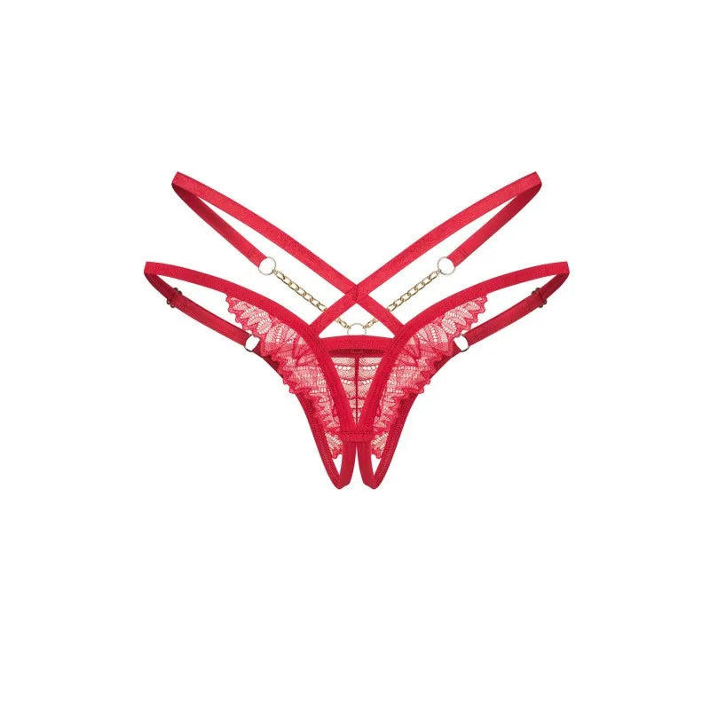String ouvert rouge dentelle motif complexe chaînes dorées lanières réglables