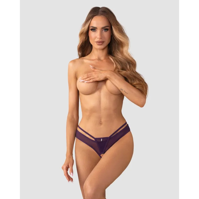 Vibres string ouvert violet maille transparente charme argenté séduction hanches