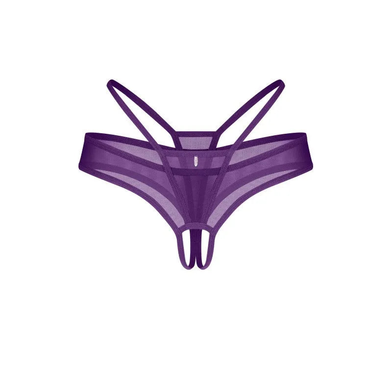 Vibres string ouvert violet maille transparente charme argenté séduction hanches