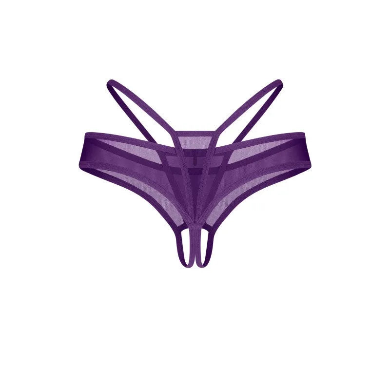 Vibres string ouvert violet maille transparente charme argenté séduction hanches