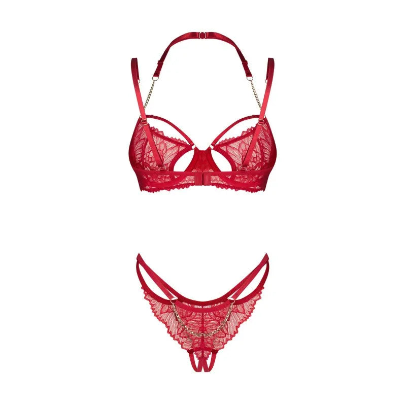 Ensemble lingerie dentelle rouge avec chaîne dorée, soutien-gorge et string ouvert, élégant et sensuel.