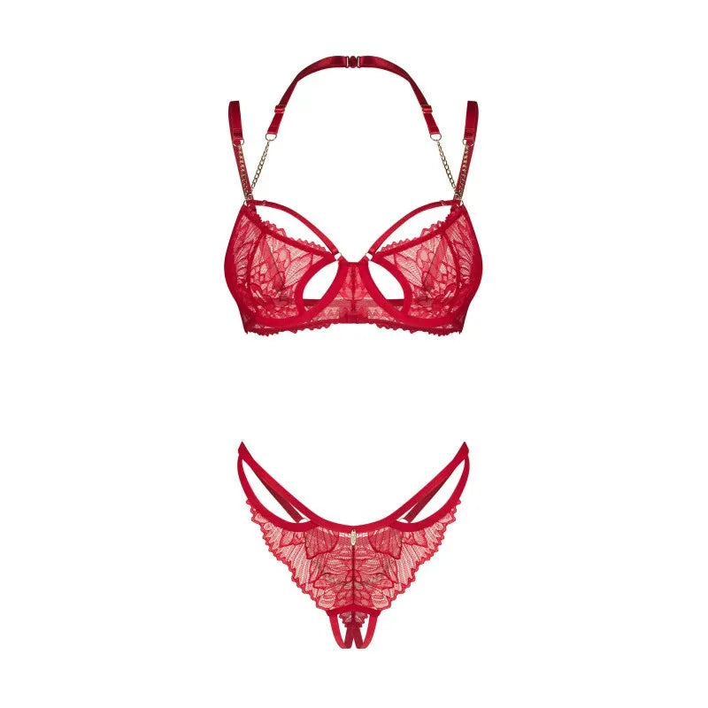 Ensemble lingerie dentelle rouge avec chaîne dorée, soutien-gorge à armatures et string ouvert, élégant et sensuel.