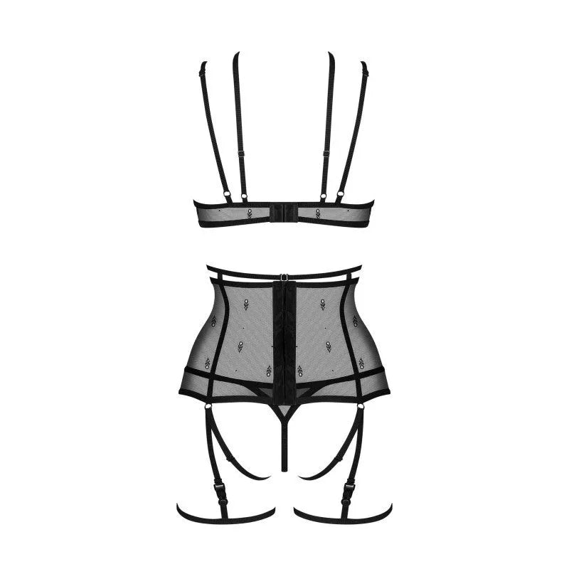 Ensemble lingerie noir avec porte-jarretelles, jarretières détachables, soutien-gorge et string en polyamide élasthanne.