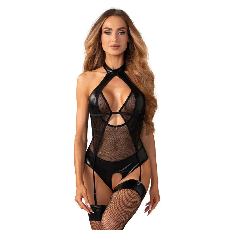 Body ouvert imitation cuir maille transparente tour de cou jarretelles