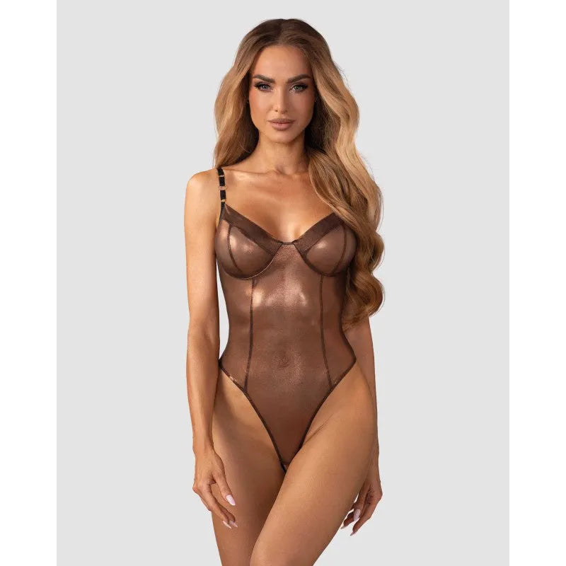 Body Soranna en maille dorée transparente avec armatures, design élégant et provocant, sublimant la silhouette féminine.