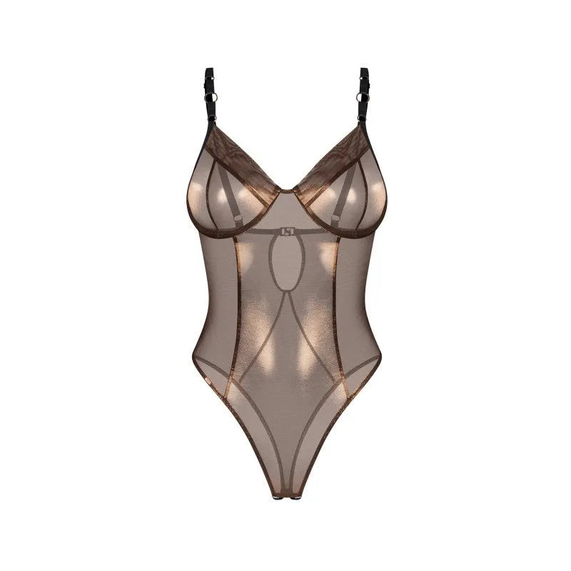 Body Soranna en maille dorée transparente avec armatures, design élégant et provocant, sublime les courbes féminines.