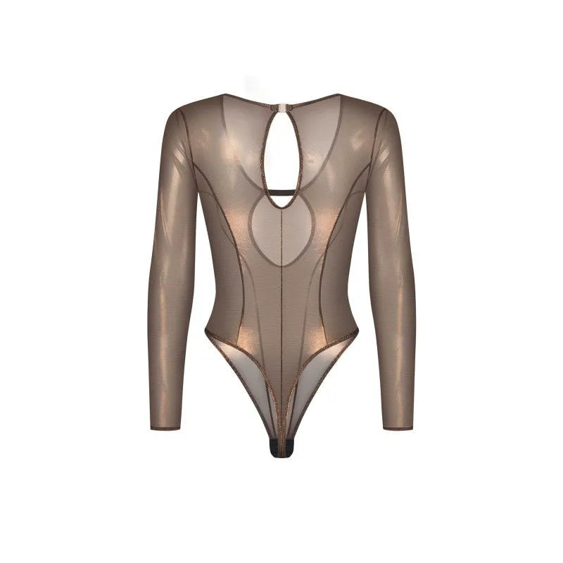 Soranna body manches longues maille transparente reflets dorés élégant ajusté féminin