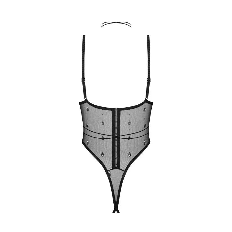 Body noir ouvert, harnais sensuel réglable, maille transparente, détails sophistiqués, lingerie élégante Anniverse.
