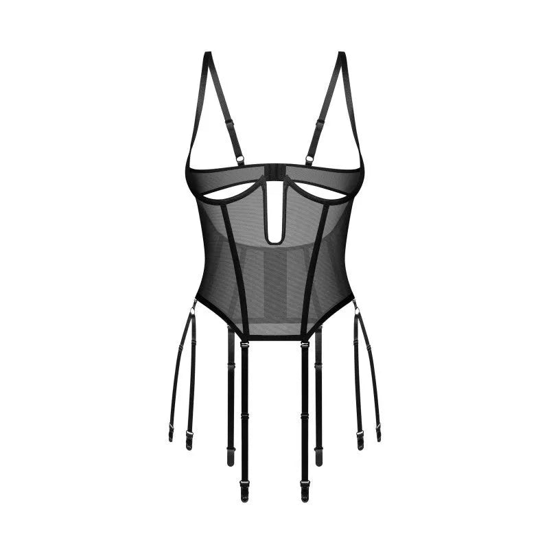 Corset ouvert noir sans bonnets, tissu semi-transparent, ajustable, avec jarretelles amovibles, design élégant et audacieux.