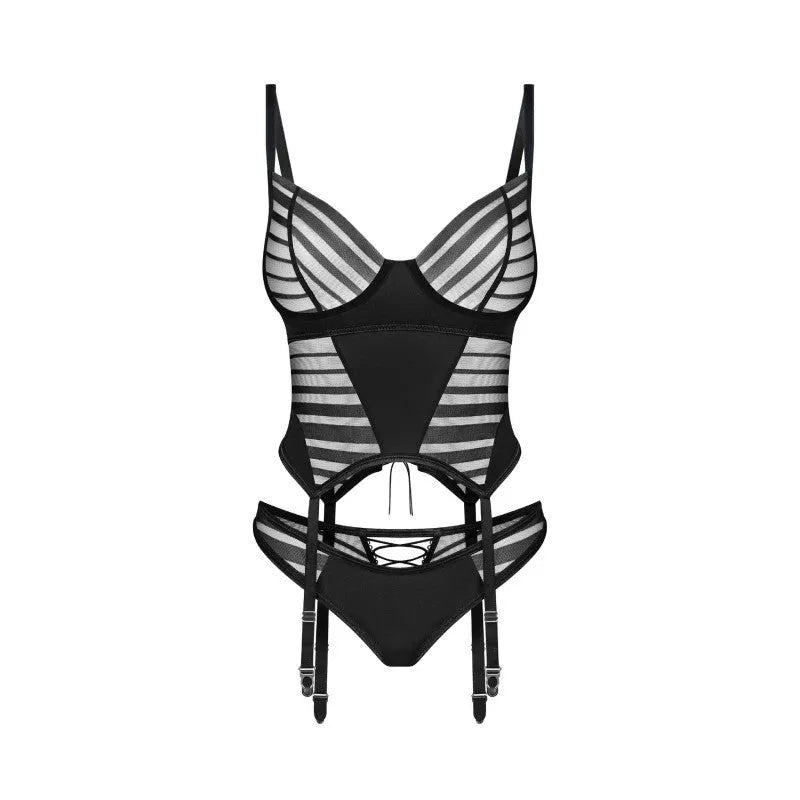 ensemble lingerie noir corset string tissu luxueux bonnets ovales jarretières réglables