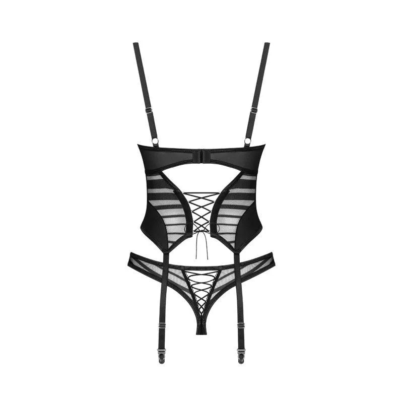 Ensemble lingerie noir avec corset à bonnets ovales, string assorti et jarretières réglables en tissu luxueux.