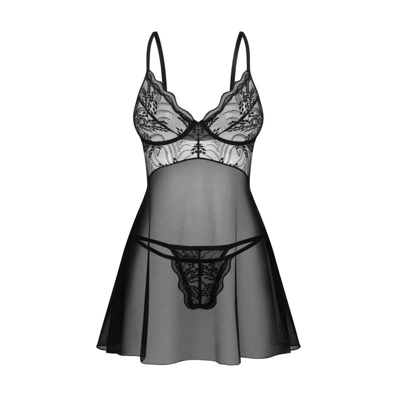 Ensemble lingerie babydoll noir dentelle, armatures, tissu transparent ajustable, string assorti, allure élégante.