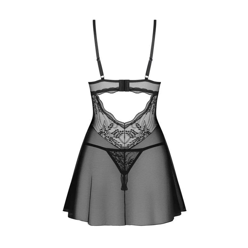 Ensemble lingerie babydoll noir en dentelle et tissu transparent, armatures, bretelles ajustables, string assorti.