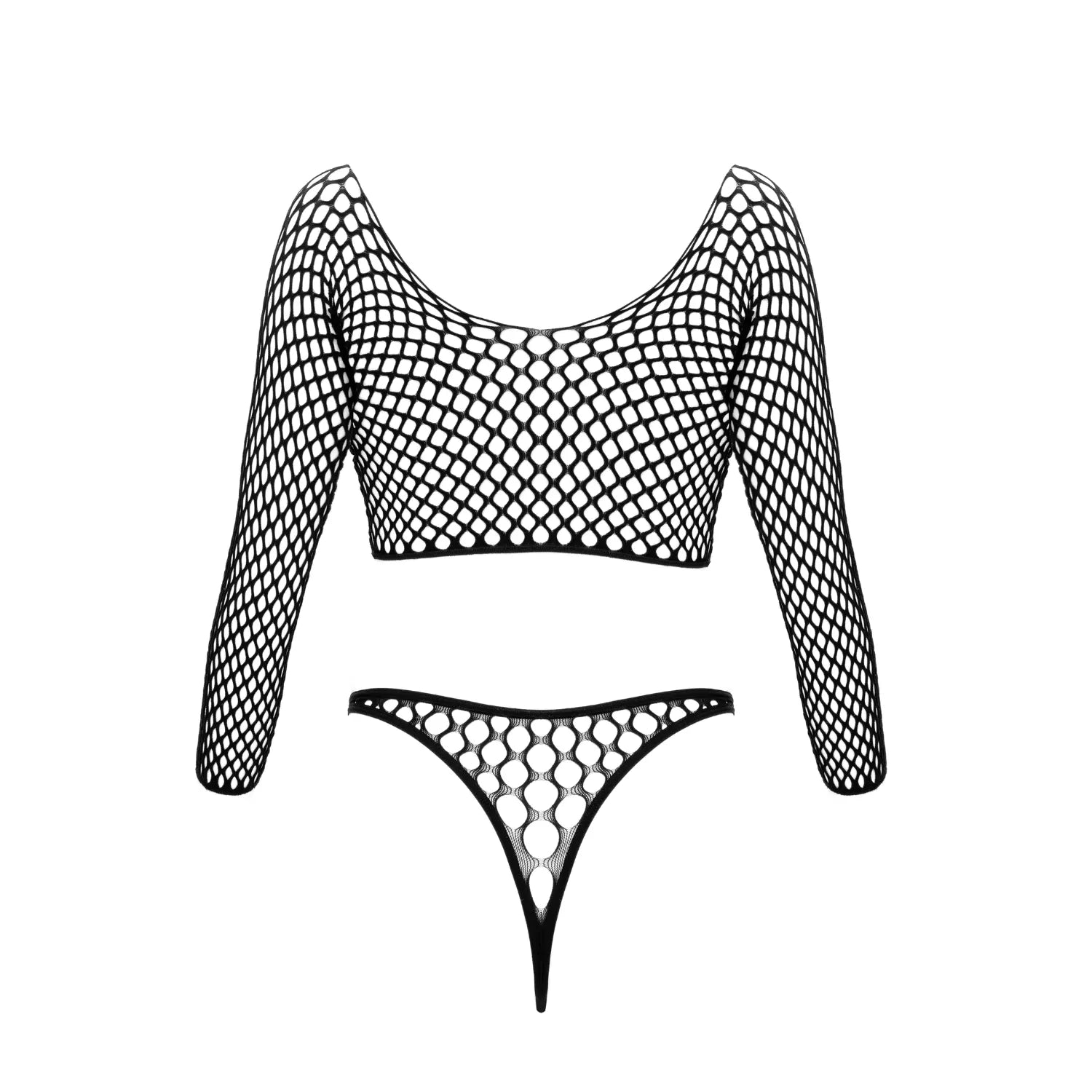 Body résille noire grandes mailles, manches longues, style deux pièces, string Rio, élégant et confortable.