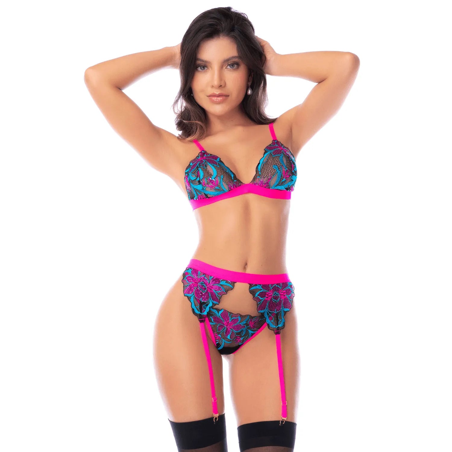 Ensemble lingerie glamour 3 pièces bleu rose broderie sequins Mapalé