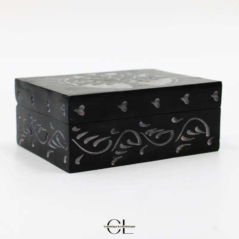 Boîte à bijoux noire en saponite gravée Arbre de Vie, 10cm, décorative et spirituelle, élégante et raffinée.