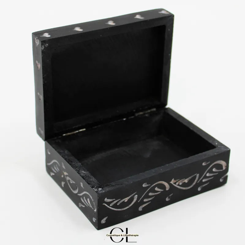 Boîte à bijoux noire en pierre saponite sculptée, motif Fleur de Vie, 10cm, design élégant et spirituel.