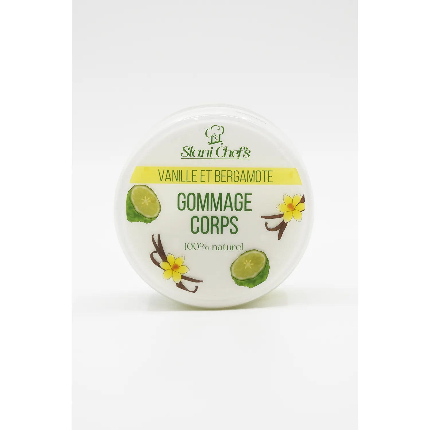 Pot rond de gommage corps vanille bergamote 250ml, étiquette blanche avec illustrations de vanille et bergamote.