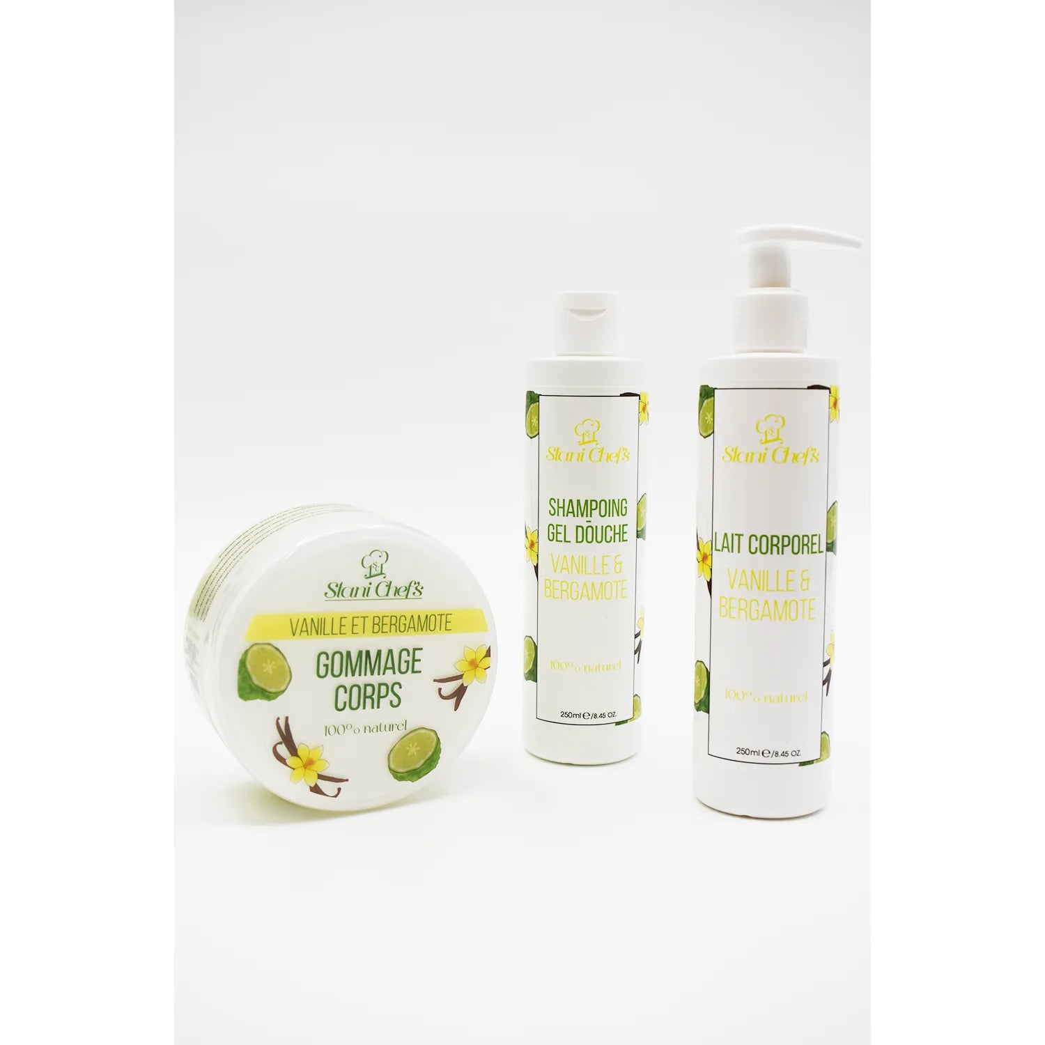 Gommage corps vanille bergamote 250ml, pot blanc avec étiquette verte, pour peaux sensibles, hydratant et revitalisant.