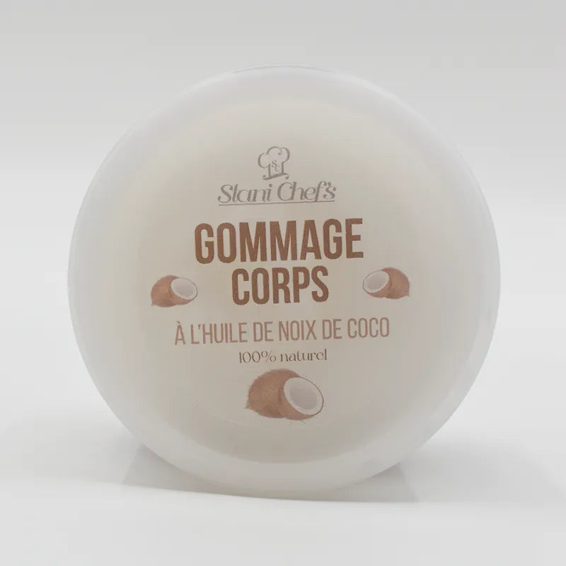 Pot rond blanc de gommage corps huile noix coco amande, étiquette beige, hydratation naturelle, 100% naturel.