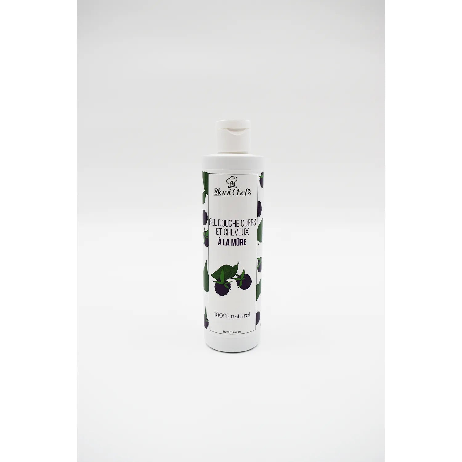 Flacon de gel douche 2 en 1 mûre amande douce 250ml, design blanc avec illustrations de mûres et texte vert.