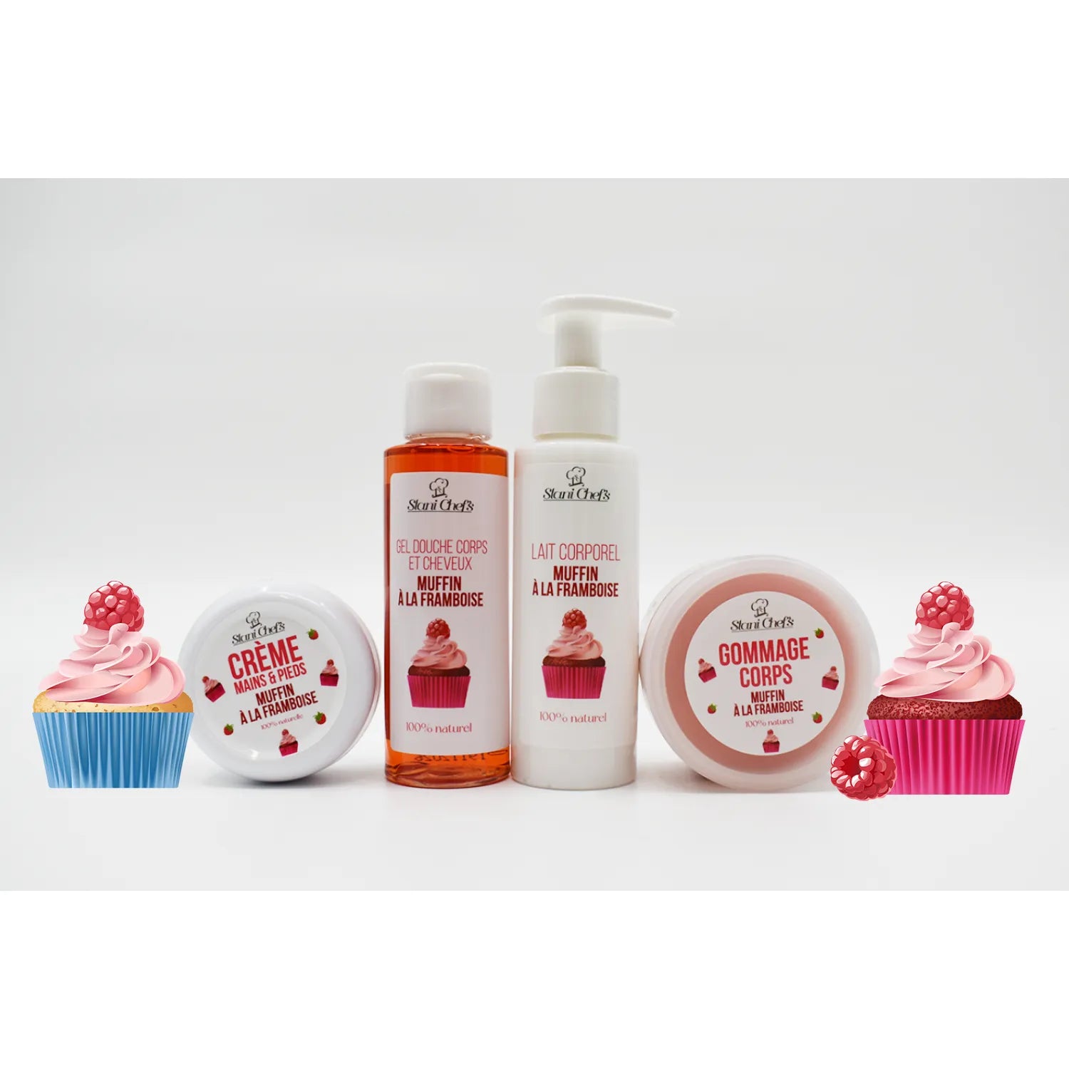 Crème hydratante mains pieds 50ml, pot blanc, design muffin framboise, format voyage, 100% naturel, fond blanc.
