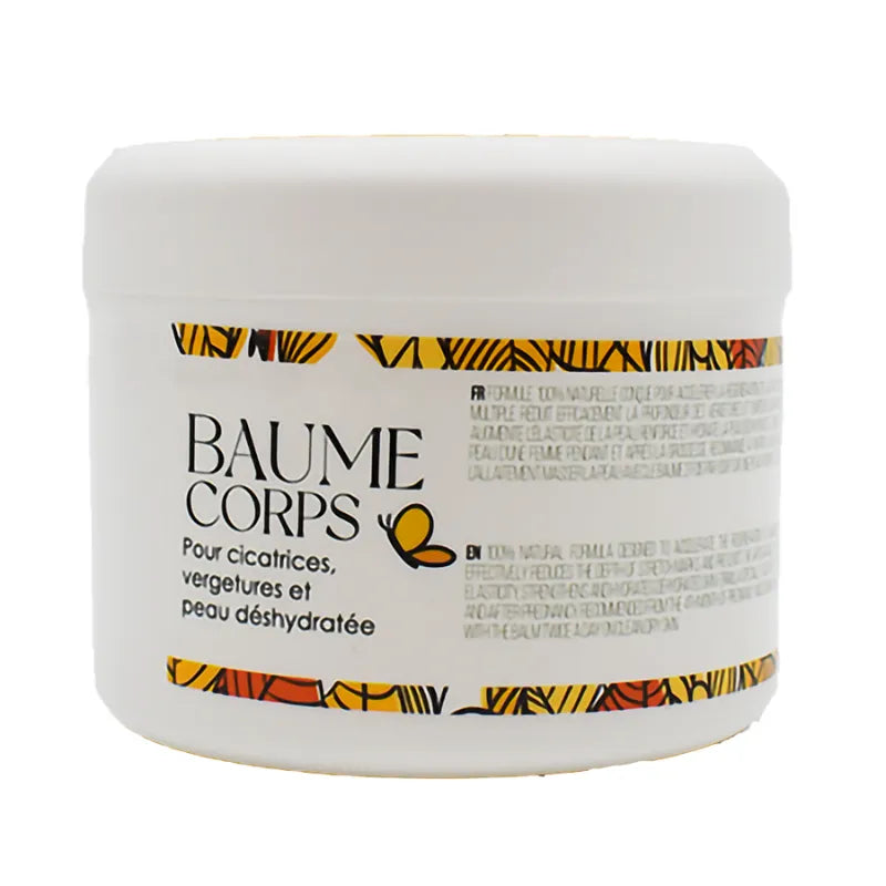 Pot blanc de baume hydratant naturel 250ml pour cicatrices et vergetures, avec motifs colorés sur l'étiquette.