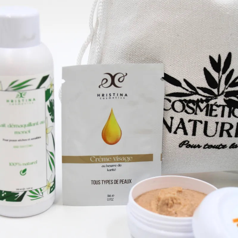 Coffret beauté naturelle avec beurre de karité, gommage pêche, crème visage, et sac en toile, pour tous types de peau.