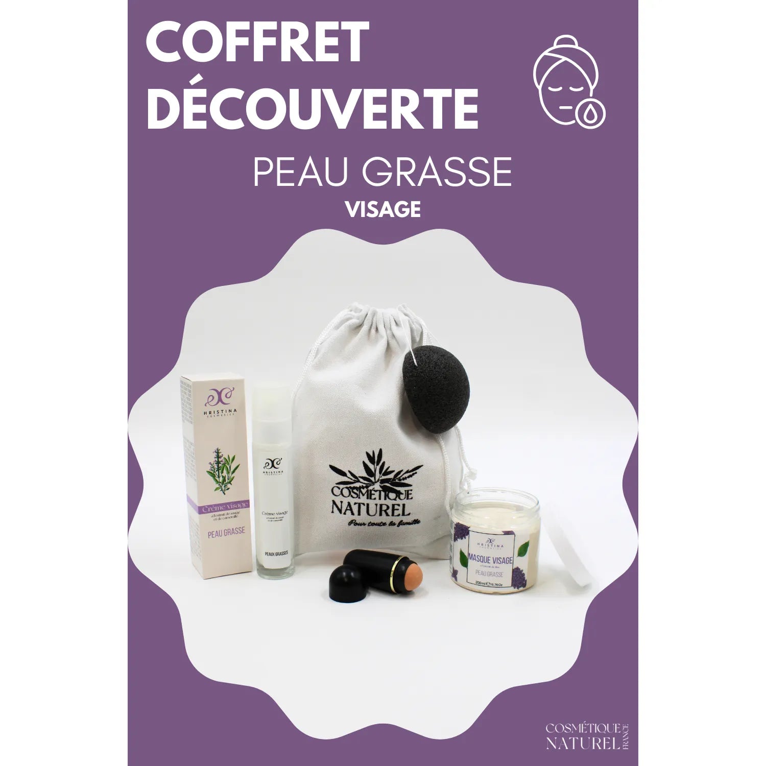 coffret soin visage peau grasse naturel masque lilas rouleau matifiant éponge konjac crème légère